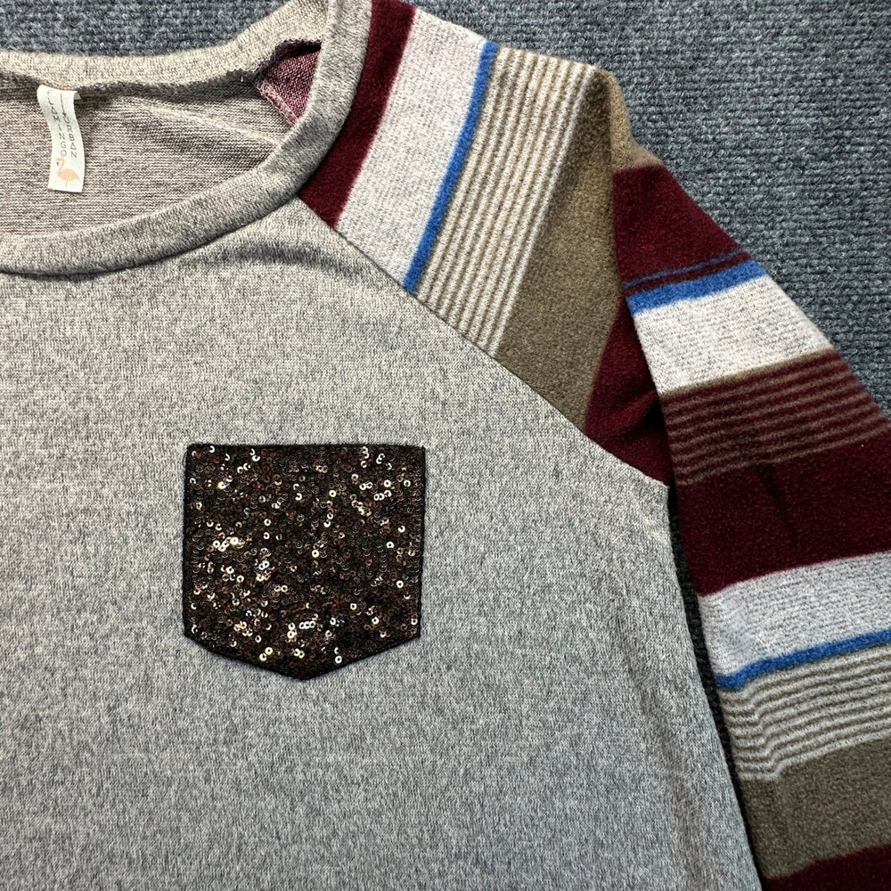 Flamingo Urban Gray Striped Raglan Long Sleeve Sequin Pocket‎ Top Tunic